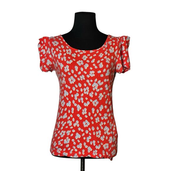 Manoukian red blue print short puff sleeves top size Medium - Picture 1 of 9